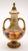 A Royal Worcester two-handled pedestal vase and a cover painted by William Ricketts: with peaches,