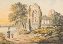 Attributed to John Laporte [1761-1839]- Figures walking by a lakeside ruin:- bears signature and