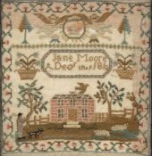 A George III small needlework sampler: decorated with a crown held by two cherubs,
