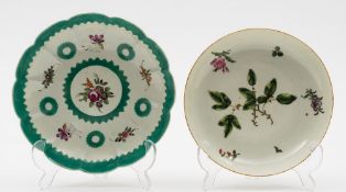 A Worcester 'French Green' lobed dish and a circular deep dish: the first painted with insects and