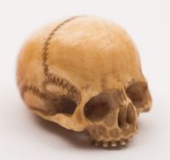 A Japanese carved ivory ojime: in the form of a miniature human skull, a hole for the cord,