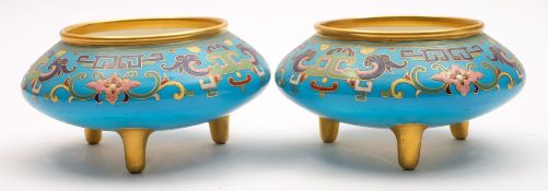 A pair of Minton Aesthetic Movement faux cloisonne porcelain tripod bowls: probably after a design