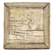 A continental engraved ivory panel: depicting a female figure with trident seated on a dolphin, 9.