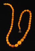 A small amber bead single string necklace: with 51 oblong beads graduated from 7mm long to 14mm
