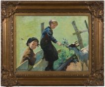 Harold Harvey [1874-1941]- Children feeding a goat in a pen,