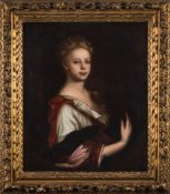 Circle of Michael Dahl [1659-1747]- Portrait of a young lady:- wearing a red and white satin dress,