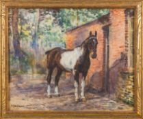* Alice des Clayes [1890-1968]- Hunter in a yard:- watercolour 23 x 28cm.