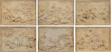 A set of six low relief plaques: depicting Bacchanalian scenes with putti and satyrs,