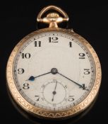 A gentleman's 14ct gold keyless lever open face pocket watch: the circular dial 39mm diameter with