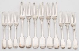 A set of six Victorian silver Fiddle pattern table forks, maker Thomas Smiley, London,