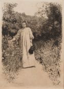 Sir Hubert Von Herkomer [1849-1914]- Summer; a young girl in a garden:- etching,