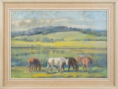 Attributed to Alice des Clayes [1890-1968]- Ponies grazing in a landscape:- oil on board, 24.5 x 34.