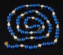 A lapis lazuli bead and cultured pearl single string necklace:,