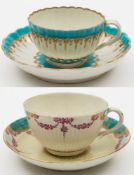 A Worcester reeded tea cup and saucer and a fluted tea cup and saucer: the first with turquoise