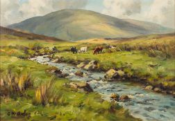 * Charles J MaCauley [1910-1999]- Cattle grazing beside a moorland stream:- signed oil on board 36