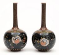 A pair of Japanese cloisonne vases:, of bulbous form with slender necks,