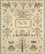 An early Victorian needlework sampler: with verse surrounded by flowering shrubs, a house, cats,