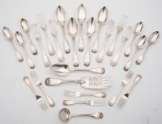 A matched set of silver Shell, Thread and Fiddle pattern flatware, various makers and dates:,