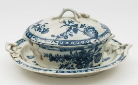 A small Worcester blue and white oval tureen, cover and stand: with stalk and leaf handles,