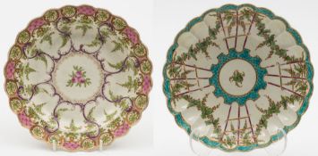 A Worcester 'Hop Trellis' fluted dish and an 'Earl Manvers' pattern plate: the first painted with