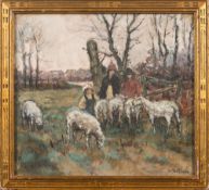 * Berte des Clayes [1877-1968]- Children and sheep in a landscape:- signed bottom