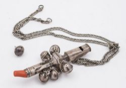 A Georgian silver rattle, maker's mark worn possibly JD: of traditional design,