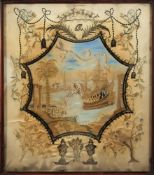 An unusual late 18th century silk work picture contained in a later pole screen: the central