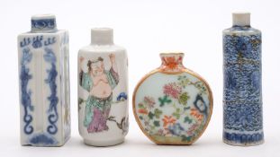 A group of four Chinese porcelain snuff bottles: included two famille rose bottles,