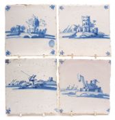 A collection of twenty-two Dutch blue and white delft tiles: painted with buildings, towers,