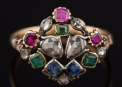 A late 18th century diamond and gem-set foliate cluster ring: with rose-cut diamonds, sapphires,