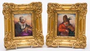 A pair of Continental porcelain plaques: in the Berlin manner depicting a Flemish man playing the