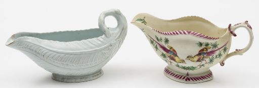 A Worcester cos lettuce sauceboat and a polychrome sauceboat: the first in the white, circa 1760,