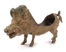A late 19th century gilt bronze pin cushion in the form of a boar: lacks cushion,13cm. long.