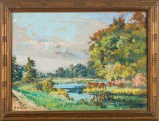 * Berthe des Clayes [1877-1968]- A forest stream with cattle:- signed bottom left mixed media 20 x