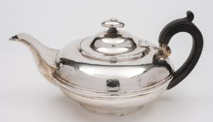 A William IV silver teapot, maker Charles Fox, London, 1835: of circular outline with reeded girdle,