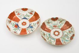 Two Worcester 'Japan' pattern fluted saucer dishes: painted with alternating fan shaped panels of