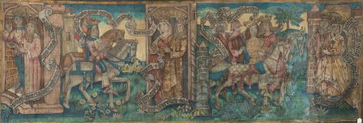 A painted needlework panel depicting a medieval prince and princess visiting monarchs: decorated