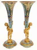 A pair of 19th century French gilt bronze and champleve vases: of trumpet form with floral enamel