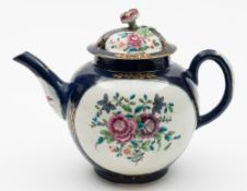 A Worcester teapot and cover: of globular form with flower finial, painted with panels of puce,