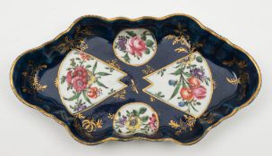 A Worcester lobed hexagonal spoon tray: painted with circular and fan shaped panels of European