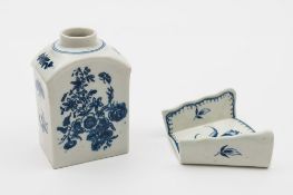 A Worcester blue and white teapoy and an asparagus server: transfer printed with the 'Three
