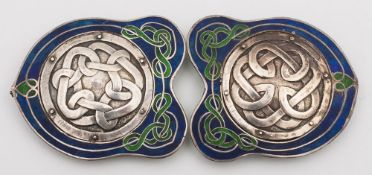 A pair of Arts and Craft influenced blue and green enamelled buckles: unmarked ,