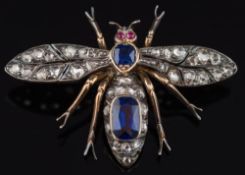 A 19th century sapphire and diamond bee brooch: set with rose-cut diamonds,