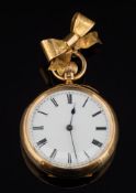 A lady's 18ct gold open face pocket watch: the circular white enamel dial with Roman numerals,