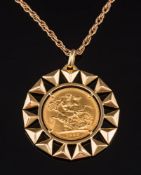 A sovereign dated '1959' mounted as a pendant within an 18ct gold mount and on 9ct gold chain:.