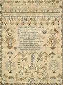 A William IV needlework sampler: with banded decoration of upper case alphabet, Arabic numbers,