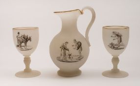 A mid 19th century Richardson Vitrified opaline glass jug and a pair of matching goblets: by W.H, B.
