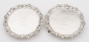 A pair of George III silver card trays, maker Ebenezer Coker, London, 1760 : crested,