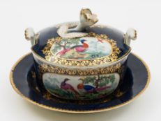 A Worcester butter-tub and cover on a matched stand: with flower finial and shell-pattern handles,