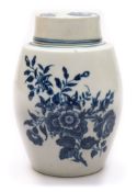 A Worcester blue and white tea canister and cover: of barrel form,